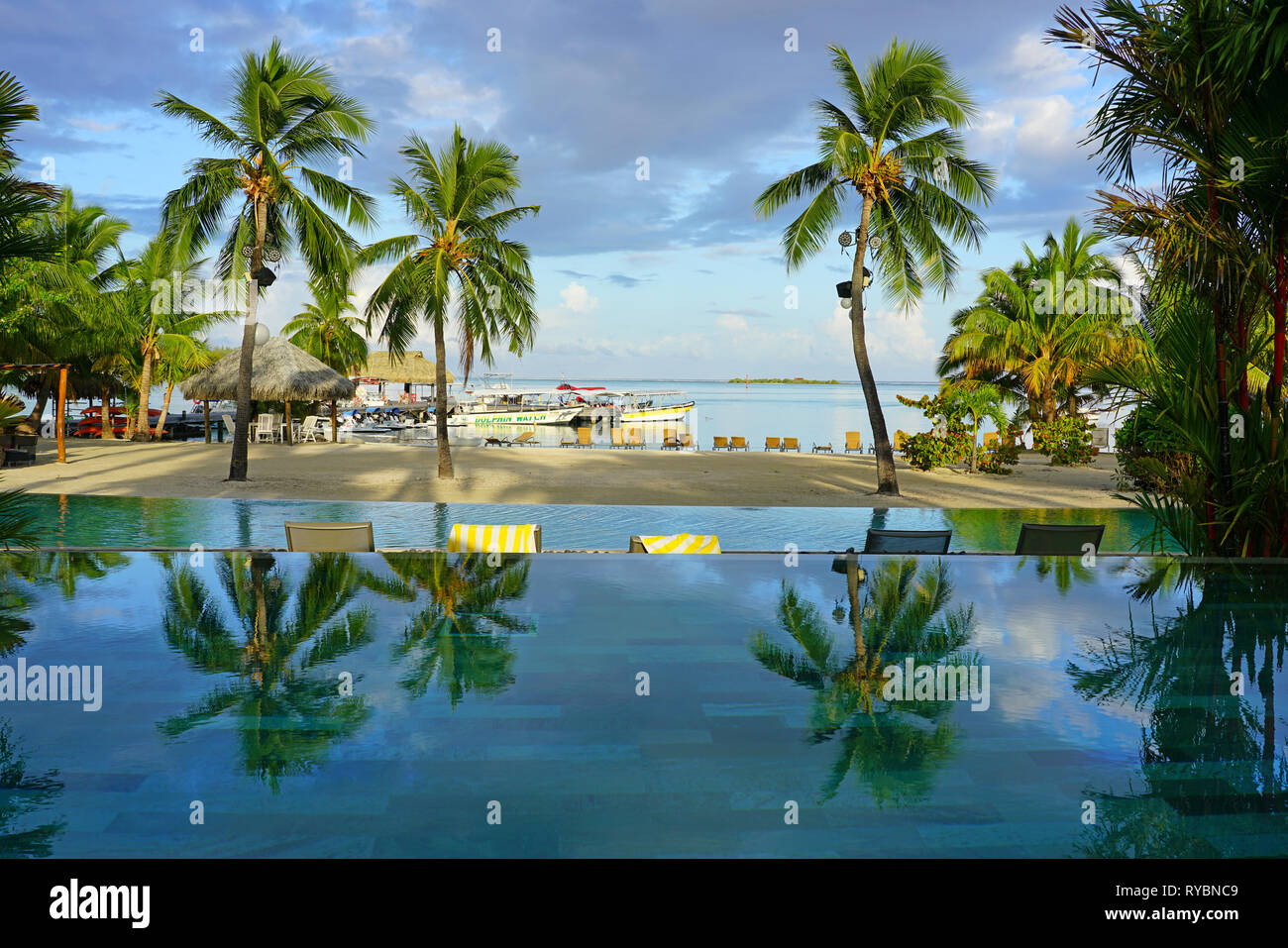 MOOREA, FRENCH POLYNESIA 30 NOV 2018 Sunset view of overwater