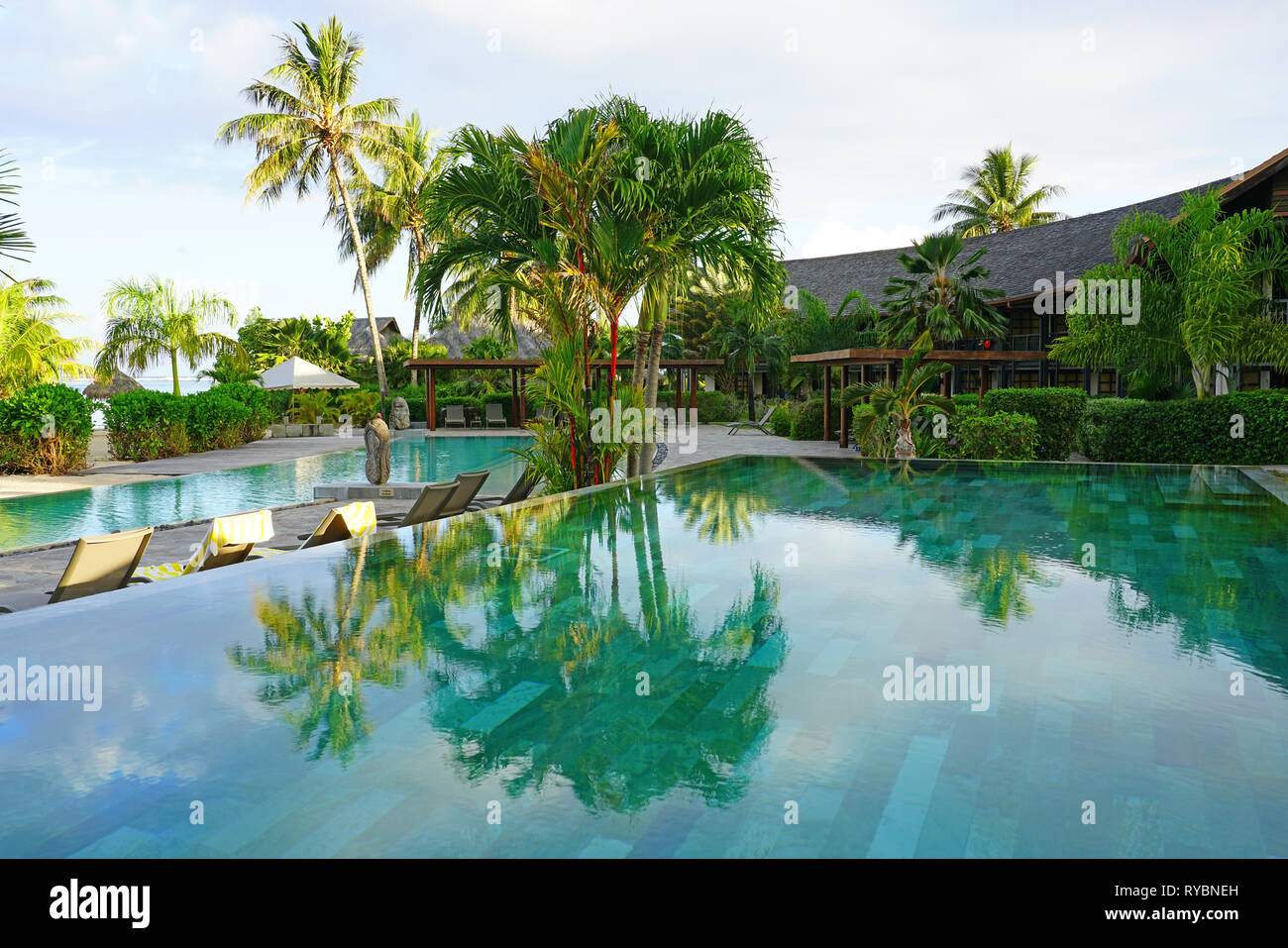 MOOREA, FRENCH POLYNESIA 30 NOV 2018 Sunset view of overwater