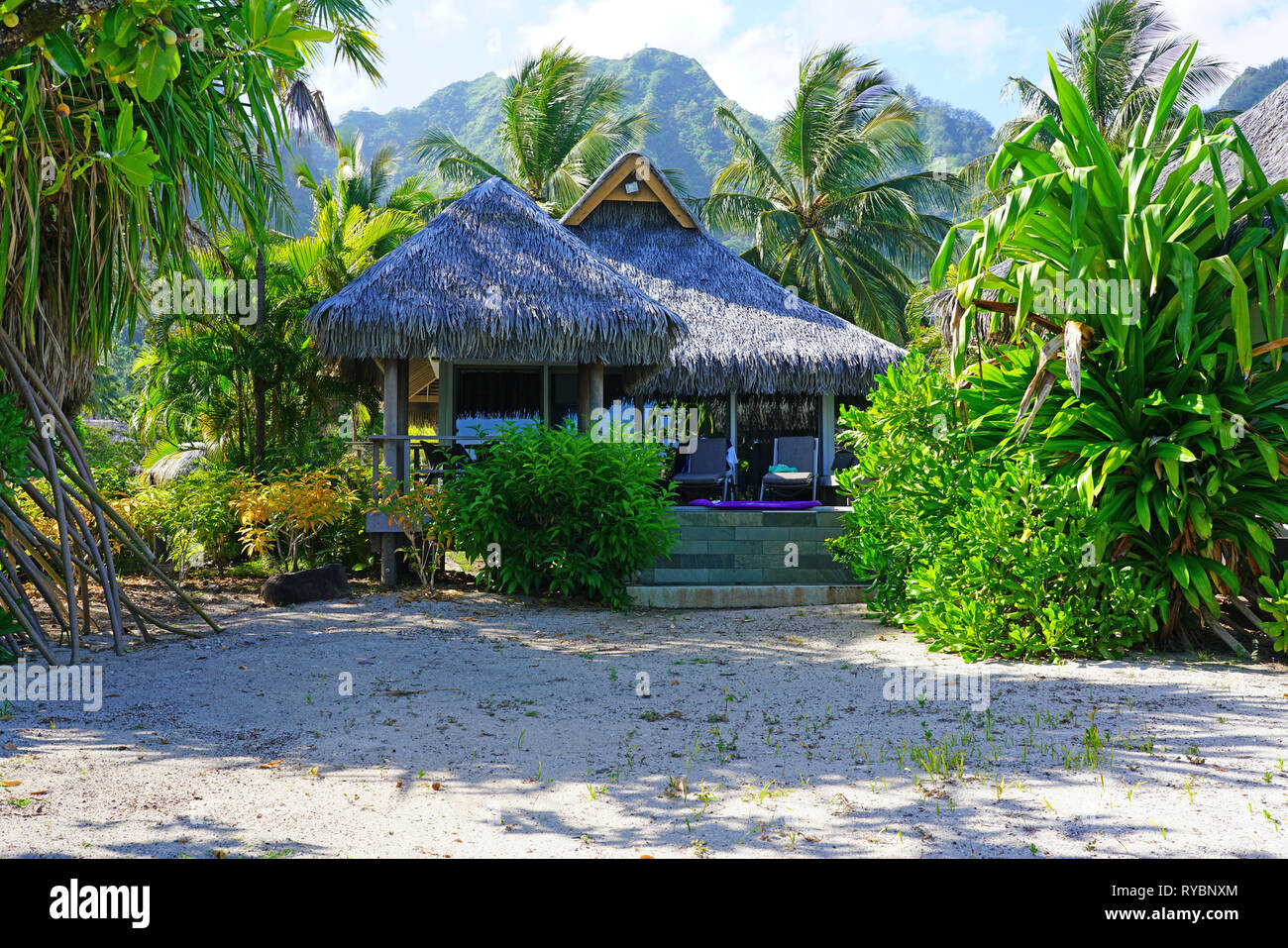 MOOREA, FRENCH POLYNESIA 30 NOV 2018 Sunset view of overwater bungalows on the lagoon at the