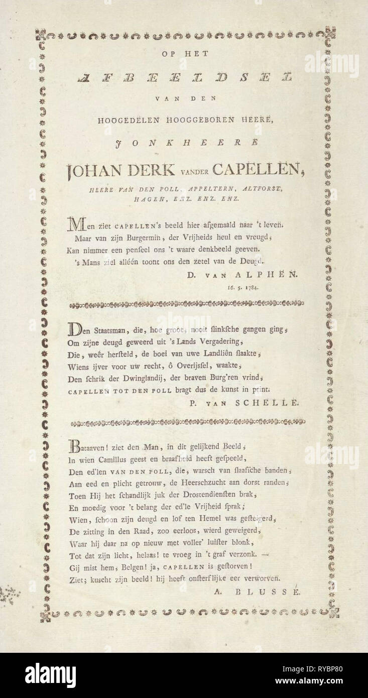 Four odes to the politician Joan Derk van der Capellen tot den Pol, Jan de Kruyff 1753-1821, Daniel van Alphen, Pieter van Schelle, 1787 Stock Photo