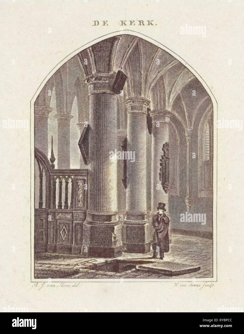 Man at an open grave in a church, print maker: Willem van Senus, Bartholomeus Johannes van Hove, 1800 - 1851 Stock Photo