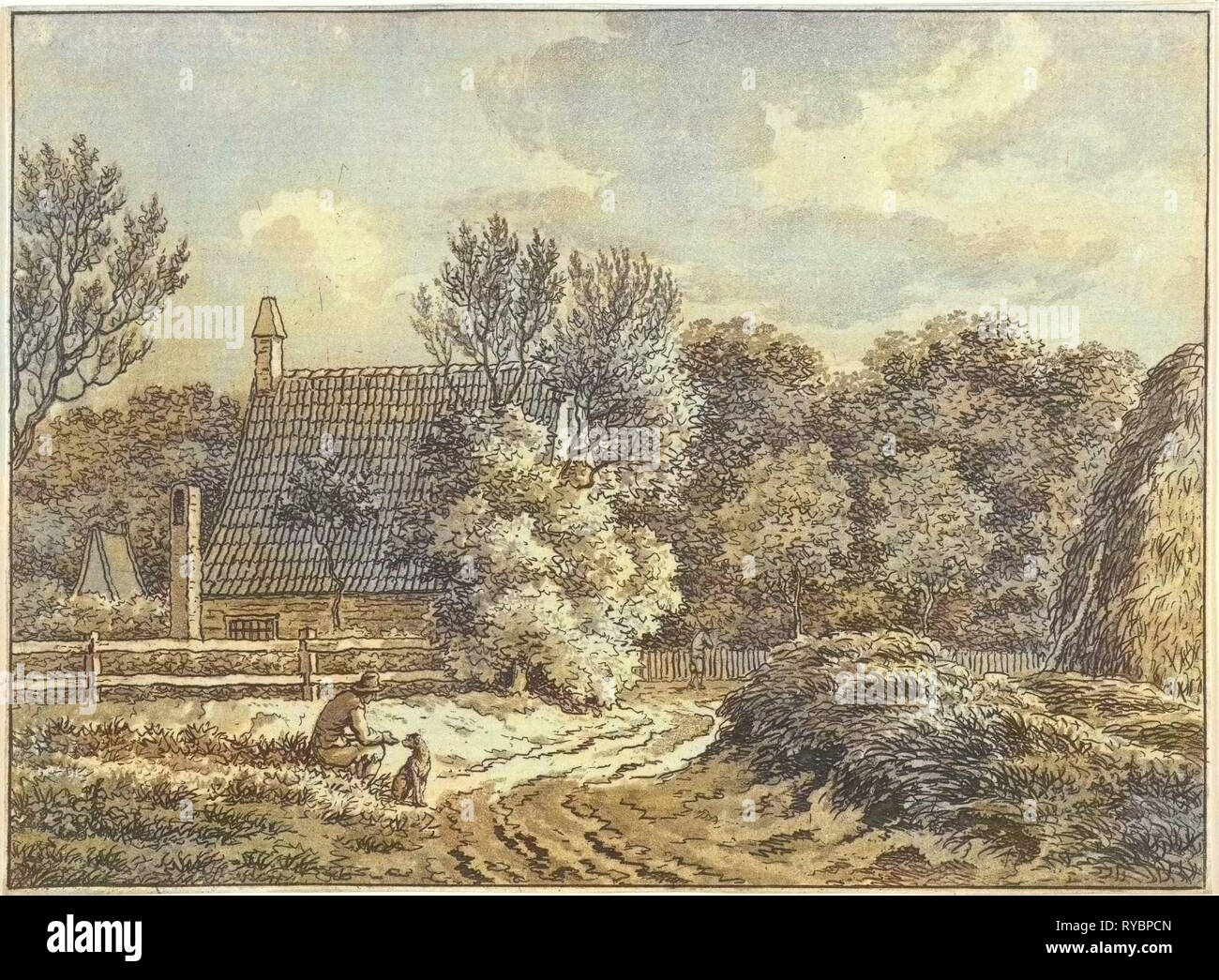 Landscape at Bloemendaal, The Netherlands, In the foreground a man sits beside the road with his dog. In the background a house, Jan Evert Grave, 1769 - 1805 Stock Photo