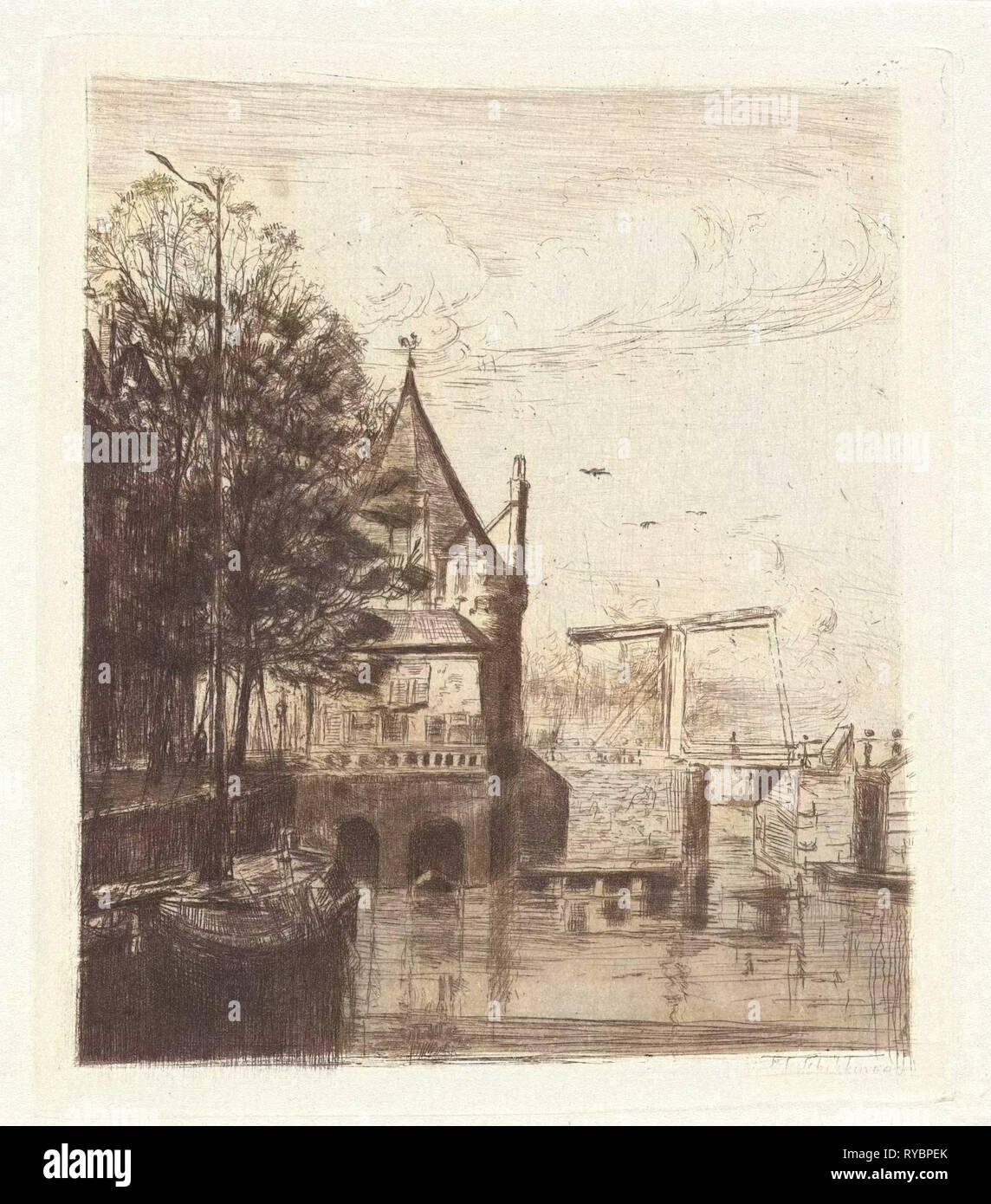 View of the Schreierstoren Amsterdam, The Netherlands, Frans Schikkinger, 1848 - 1902 Stock Photo