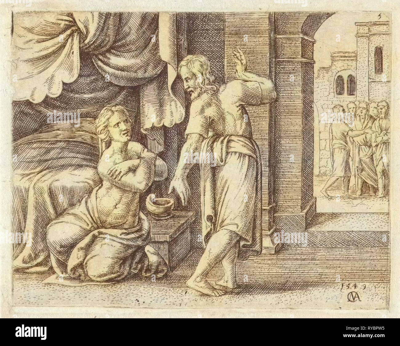 Samson's wife begs him to reveal the solution to the riddle, Cornelis Massijs, 1549 Stock Photo