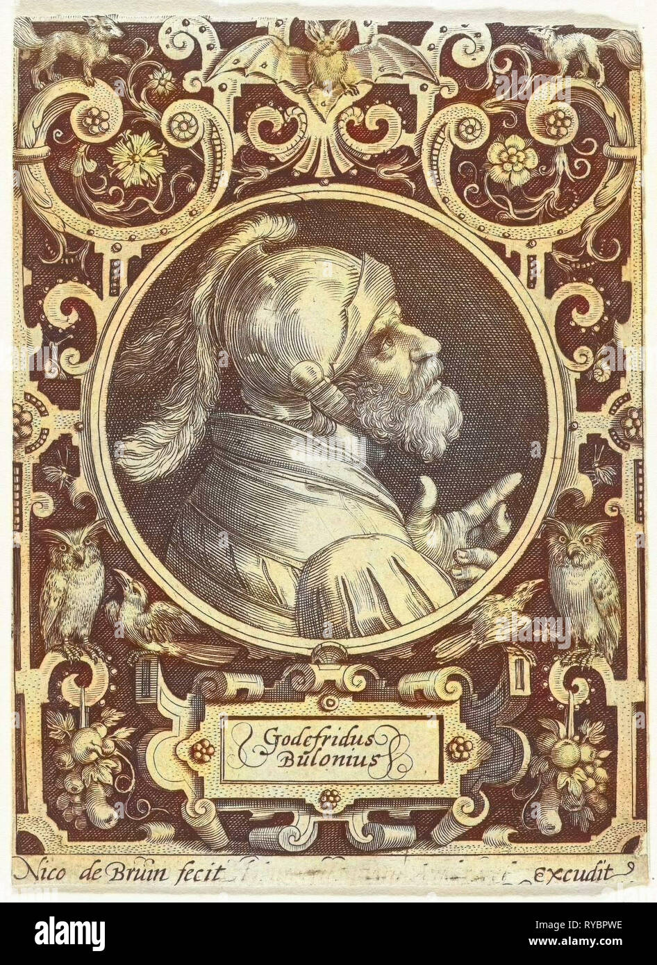 Portrait of Godfrey of Bouillon in medallion inside rectangular frame