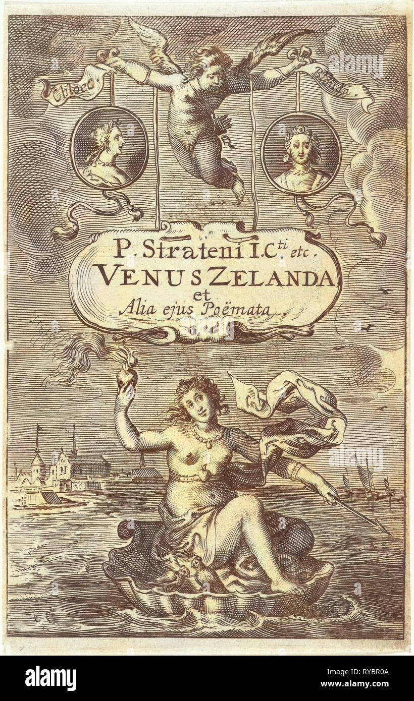 Venus on a shell with burning heart and arrow, floating off the coast of Zeeland, topped by two medallions with portraits of Cloes and Blondae and cartouche with title held by Amor, Cornelis van Dalen I, Cornelis Boey, 1641 Stock Photo
