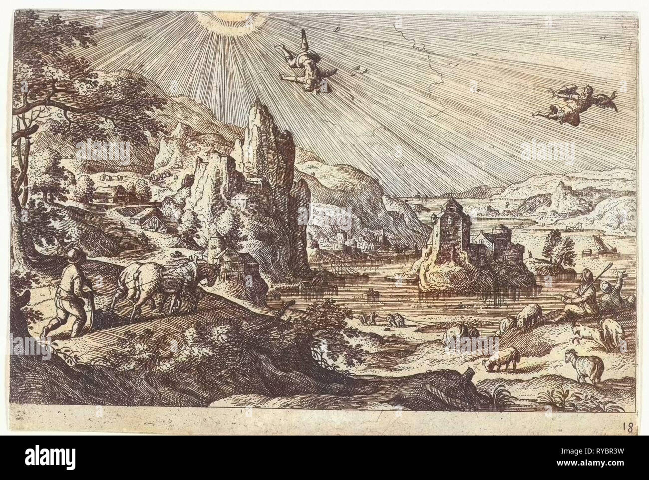 Fall of Icarus, Hans Bol, Anonymous, c. 1550 - c. 1650 Stock Photo