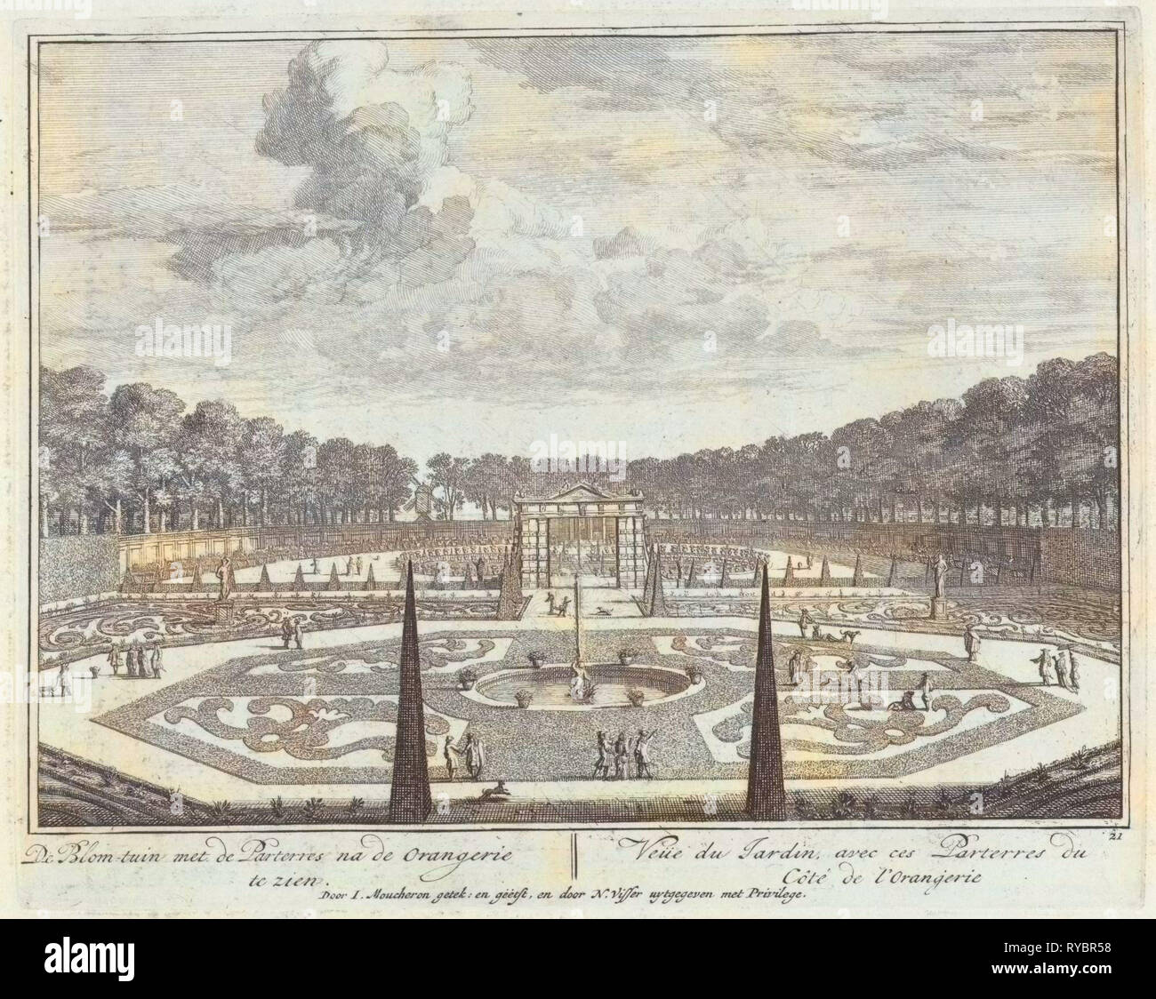 Formal gardens at Castle Heemstede, Large pond at Castle Heemstede, Cave seen from the gallery, Grotto in the garden of Castle Heemstede, Isaac de Moucheron, 1706 - 1719 Stock Photo