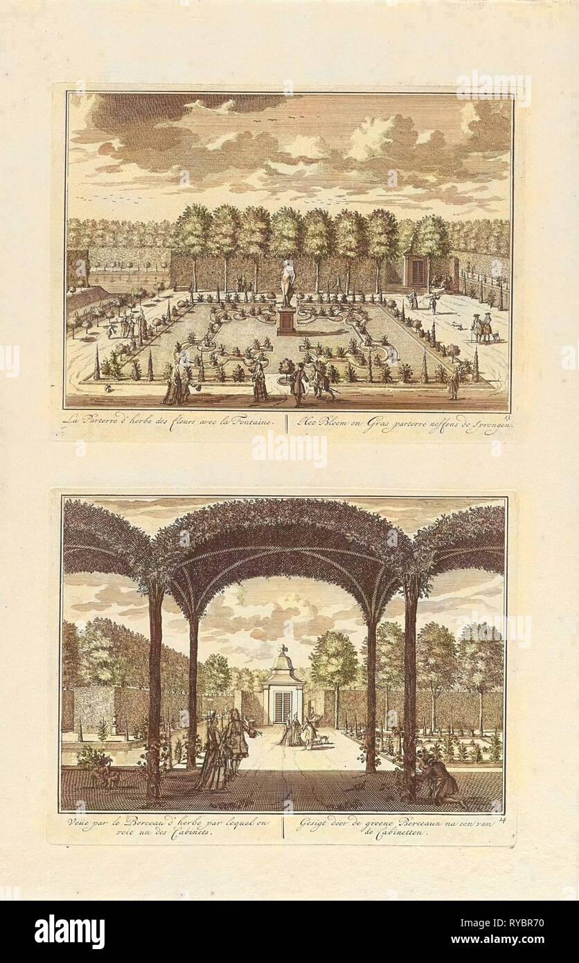 View of the parterre with grass and flowering plants on the south side of Slot Zeist, left the fountains, The Netherlands, print maker: Daniël Stopendaal, Dating 1682 - 1726 Stock Photo
