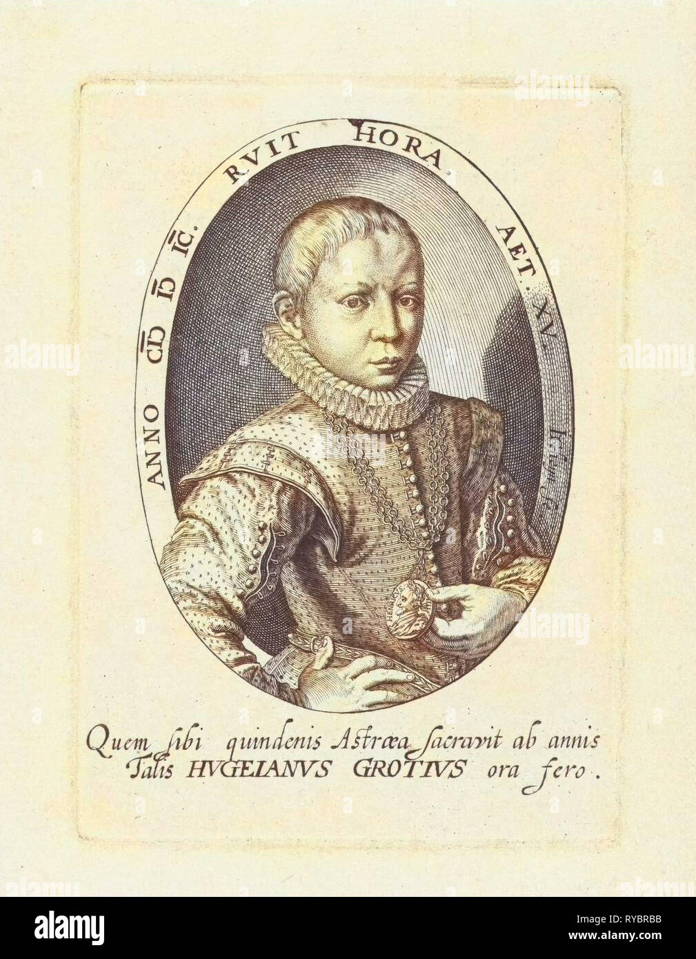 Bust of Hugo Grotius as 15-year-old young man, seen on the right side, in oval, print maker: Jacob de Gheyn (II) (mentioned on object), Dating 1599 Stock Photo