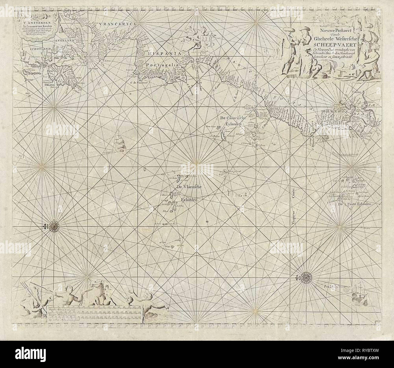 Sea chart of the Atlantic Ocean to the west coast of Europe and parts of Africa, Jan Luyken, Johannes van Keulen I, unknown, 1681-1803 Stock Photo