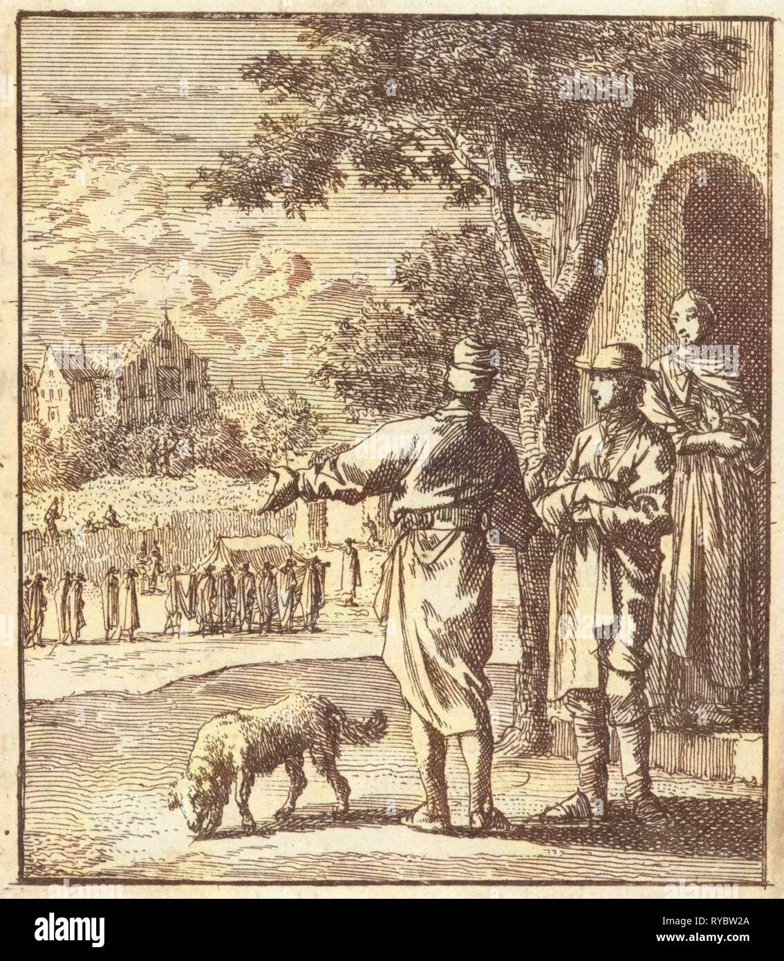 Two men witness a funeral passing, Jan Luyken, wed. Pieter Arentsz (II), Cornelis van der Sys, 1712 Stock Photo