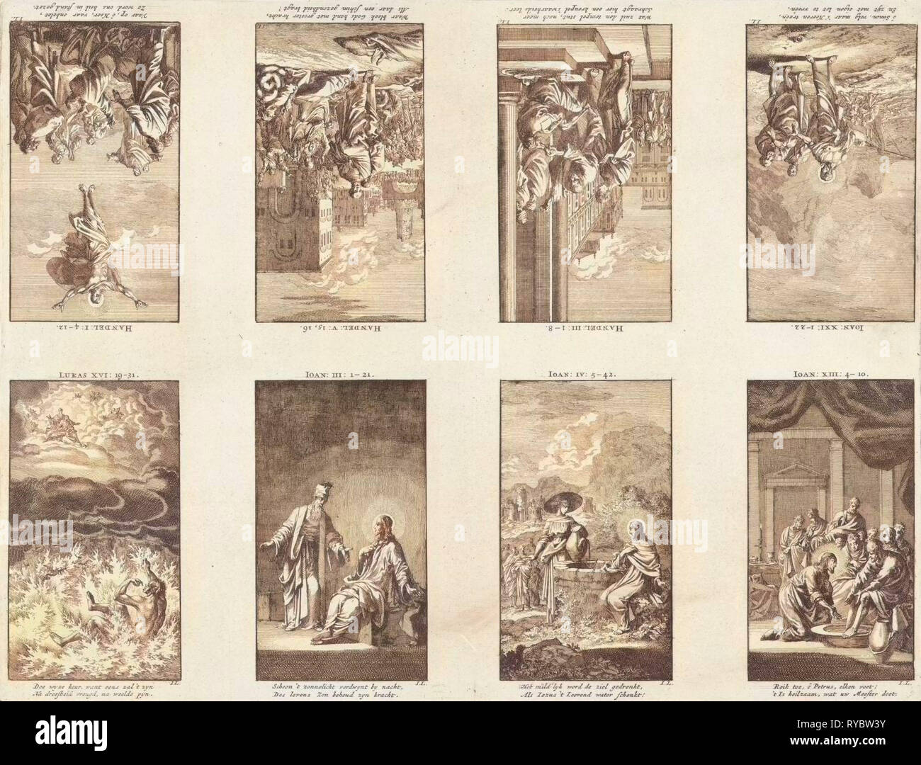 Eight New Testament scenes on a sheet, Jan Luyken, wed. Pieter Arentsz & Cornelis van der Sys (II), 1712 Stock Photo