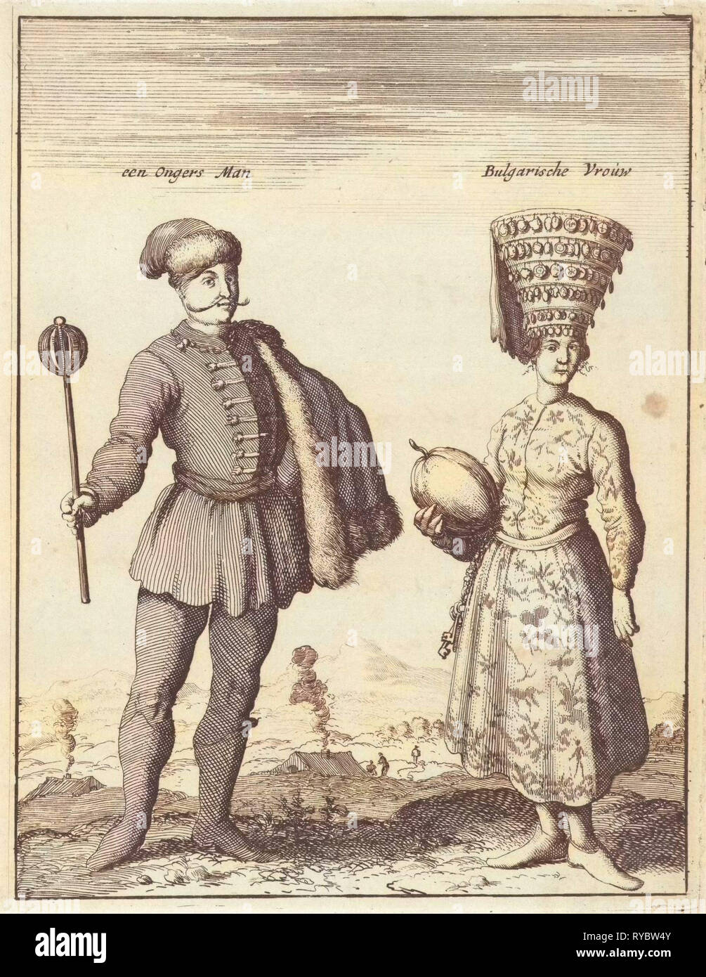 Hungarian man and Bulgarian woman in costume, Jan Luyken, 1682 Stock Photo