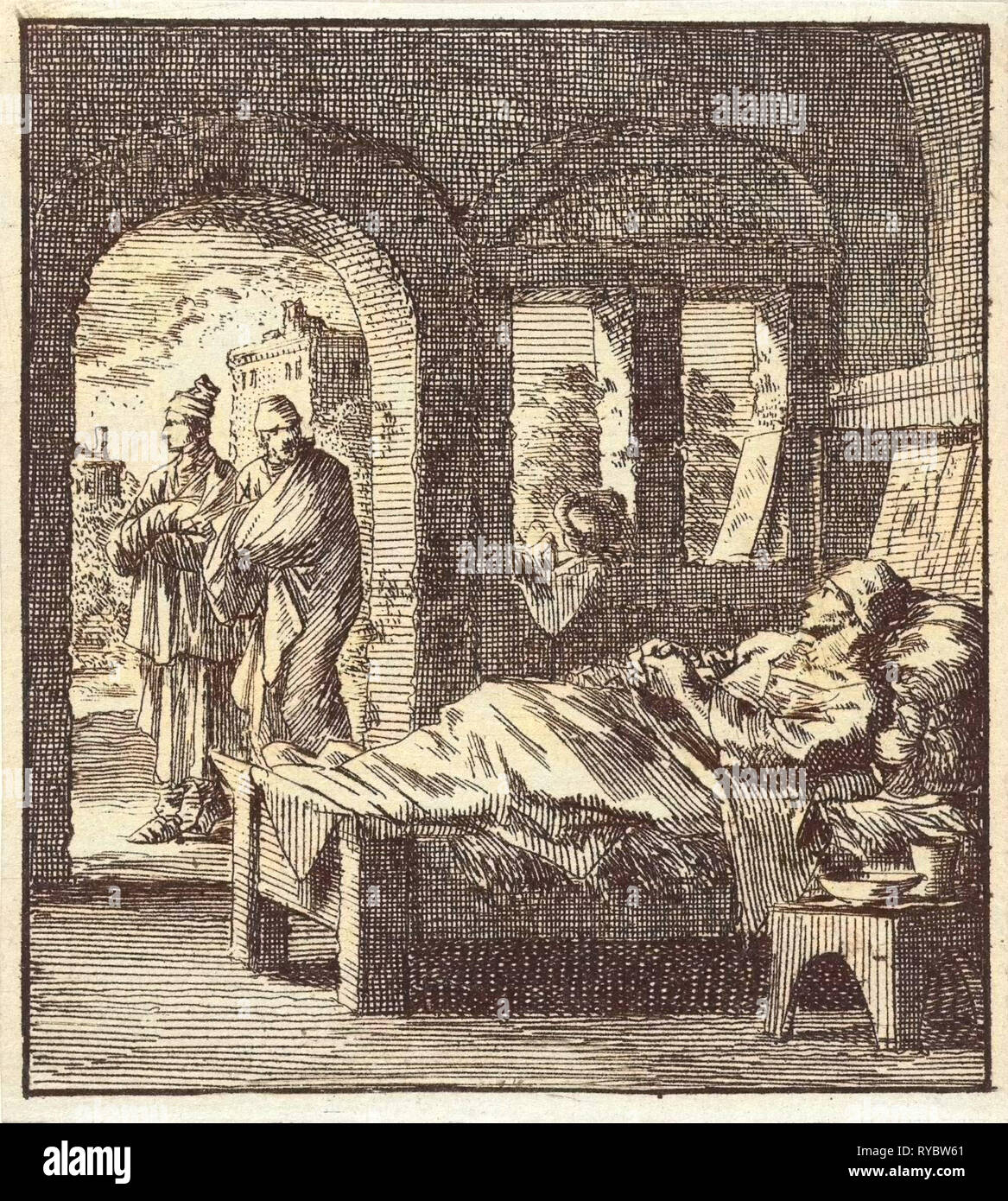 Sick man is lonely in bed while outside two men walking past, print maker: Jan Luyken, wed. Pieter Arentsz & Cornelis van der Sys II, 1711 Stock Photo
