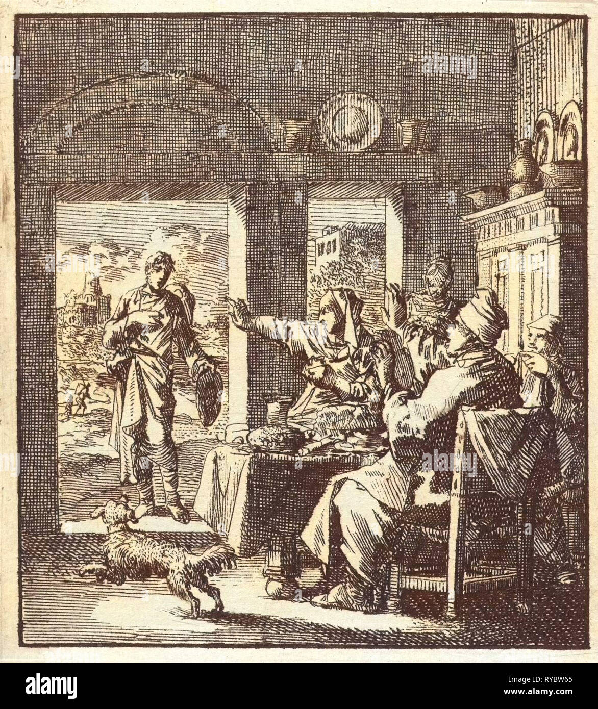 Family makes dismissive gestures to a poor man who asks for help, Jan Luyken, wed. Pieter Arentsz, Cornelis van der Sys II, 1711 Stock Photo