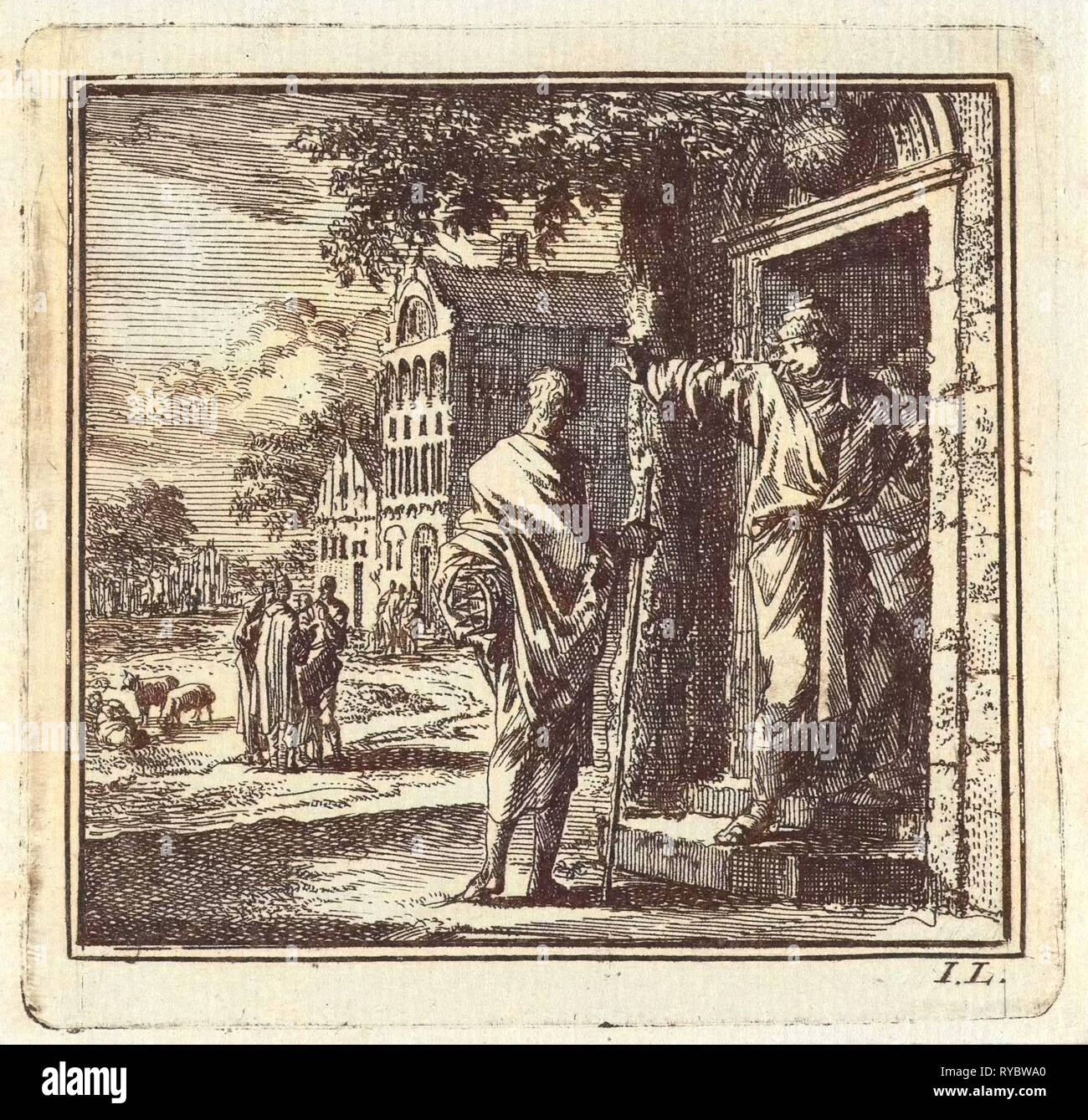 Man is denied access to a house, Jan Luyken, wed. Pieter Arentsz & Cornelis van der Sys (II), 1710 Stock Photo