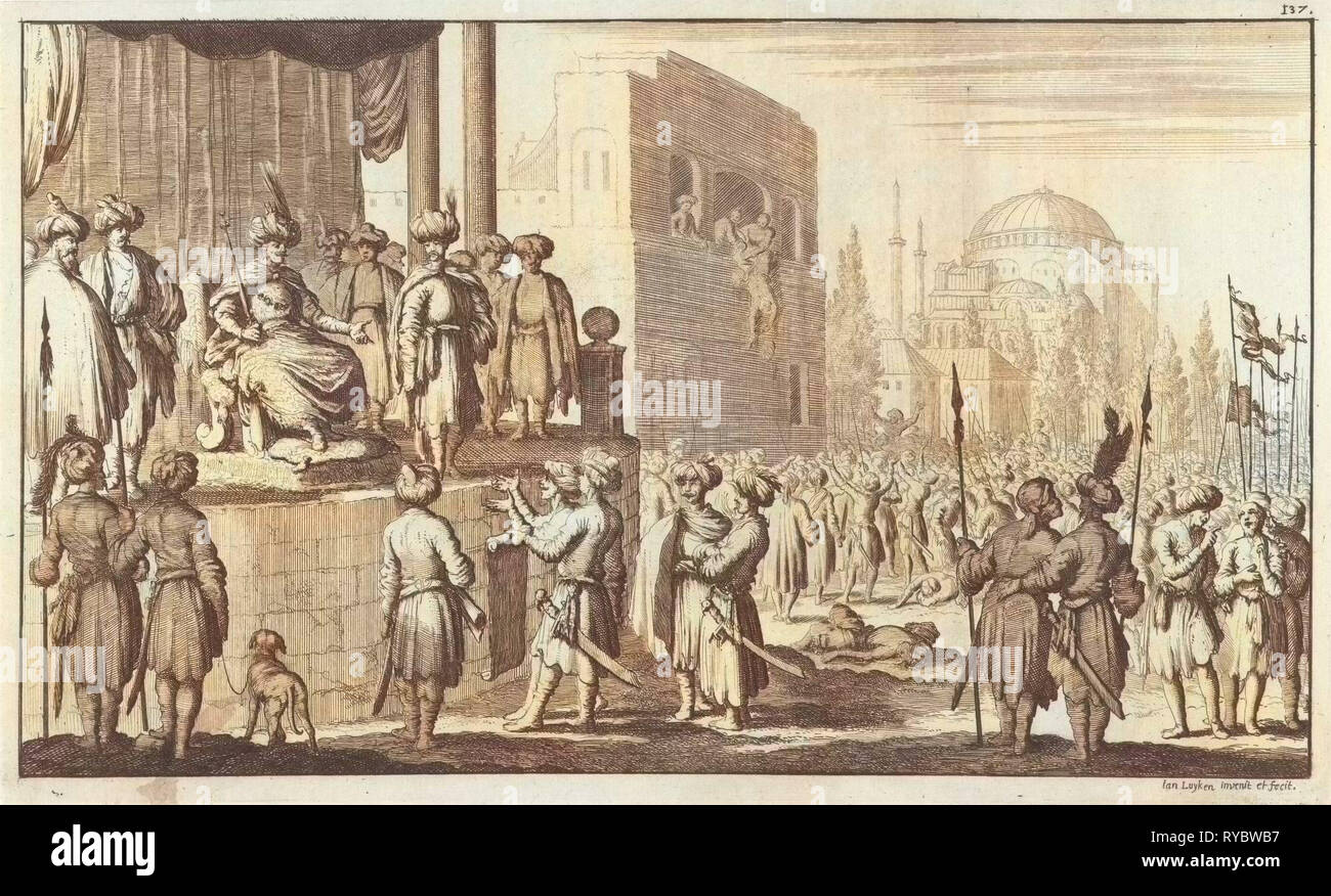Man negotiates on throne with the leaders of the rebellious Janitzaren at Constantinople, Jan Luyken, 1681 Stock Photo