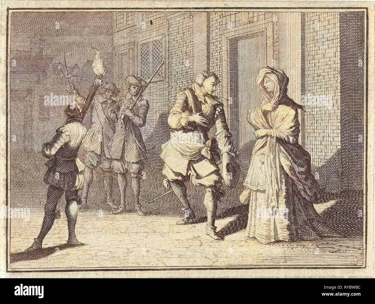 Woman finds her lover in the street at night, Caspar Luyken, Christoph Weigel, Frantz Martin Hertzen, 1710 Stock Photo