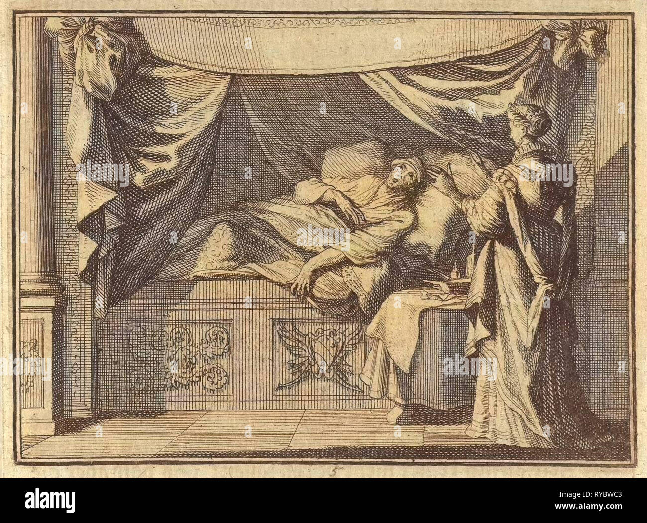 Man with delusions on his deathbed, Caspar Luyken, Christoph Weigel, Frantz Martin Hertzen, 1710 Stock Photo