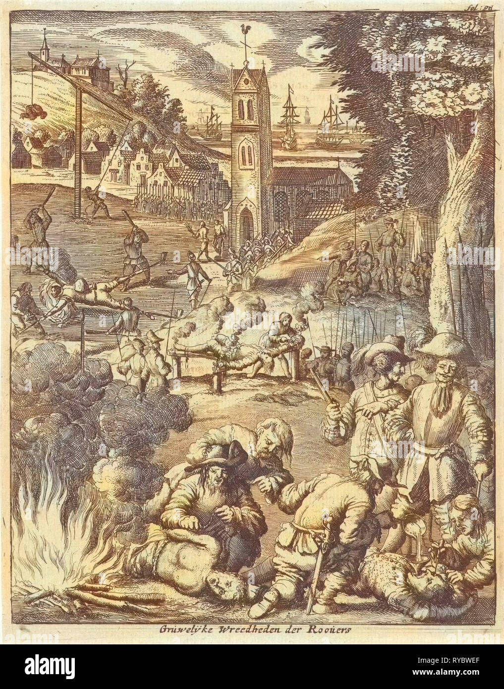 Torture by pirates under the watchful eye of soldiers, Jan Luyken, Jan Claesz ten Hoorn, 1681 Stock Photo