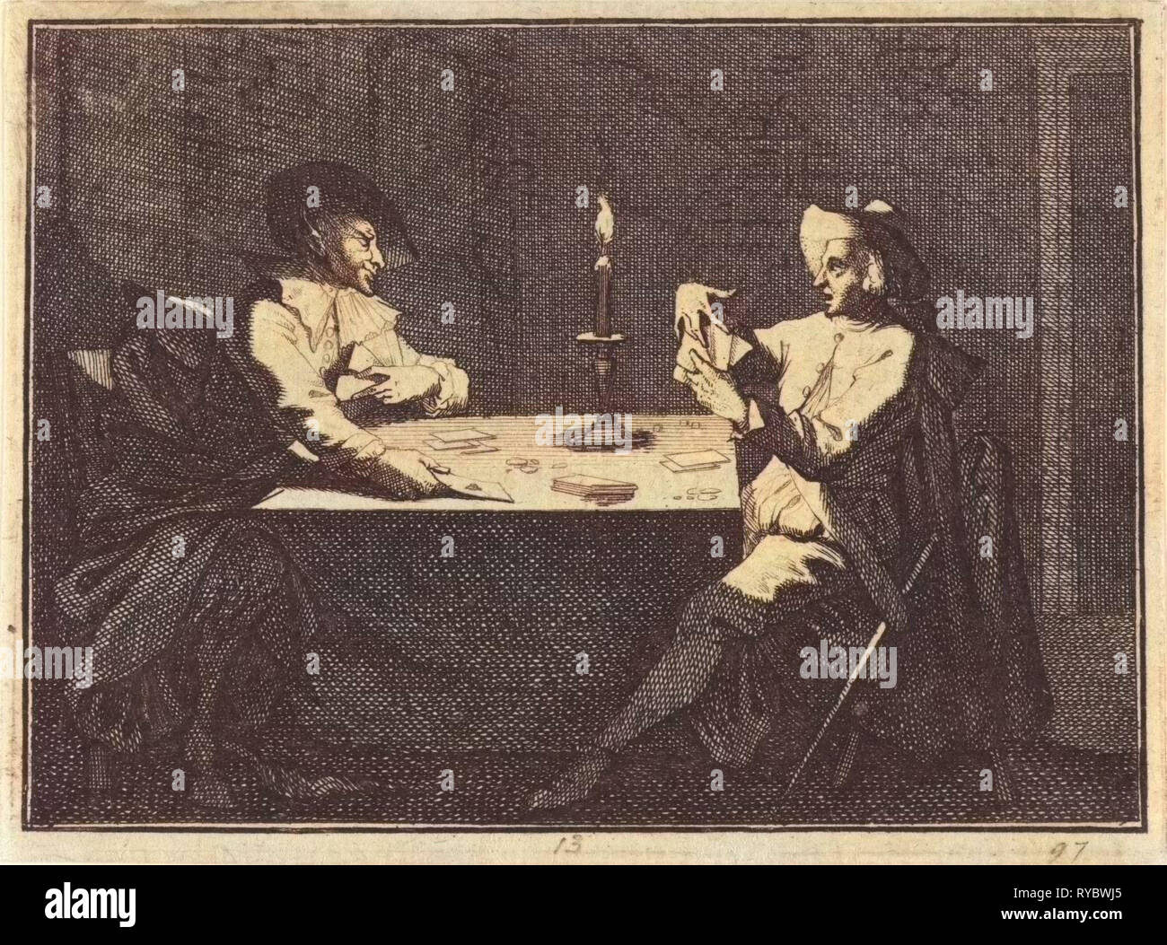 Card game between a young man and the devil, Caspar Luyken, Christoph Weigel, 1704 Stock Photo