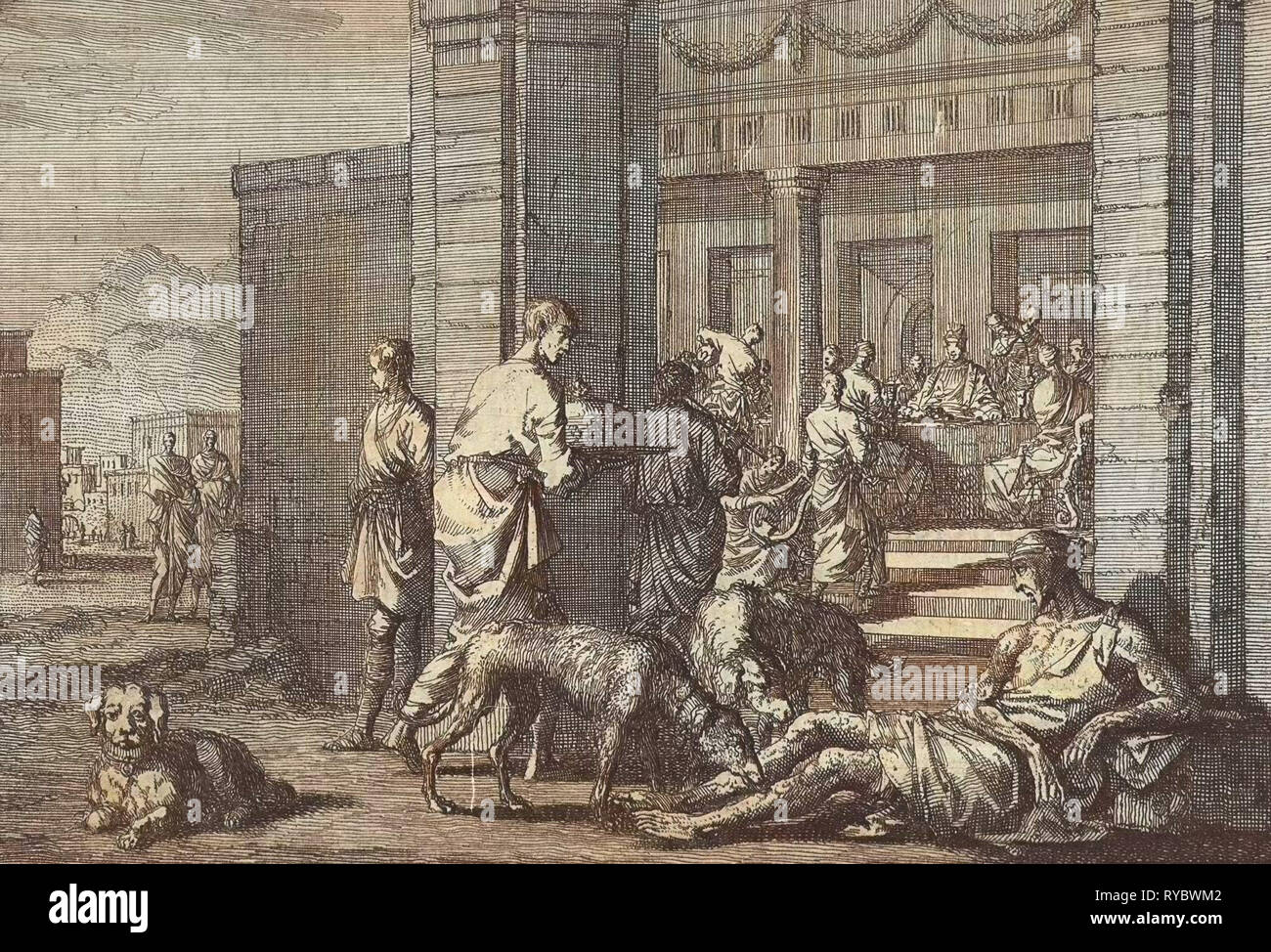 Lazarus begging at the banquet of the rich man, Jan Luyken, Pieter Mortier, 1703 - 1762 Stock Photo
