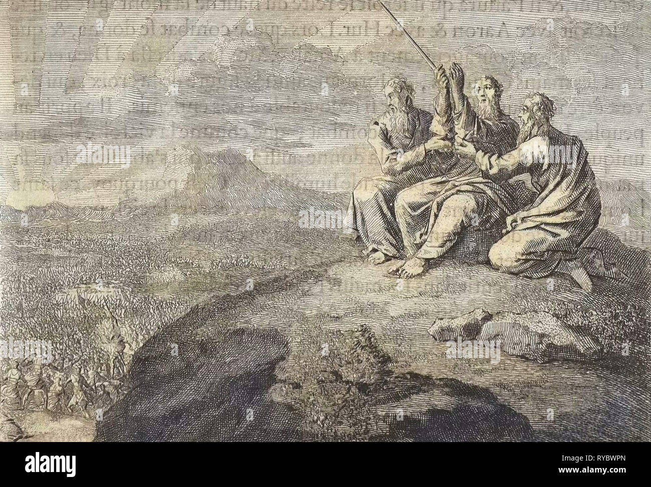 Aaron and Hur strut Moses' hands during the struggle of the people of Israel against the Amalekites, Jan Luyken, Pieter Mortier, 1703-1762 Stock Photo