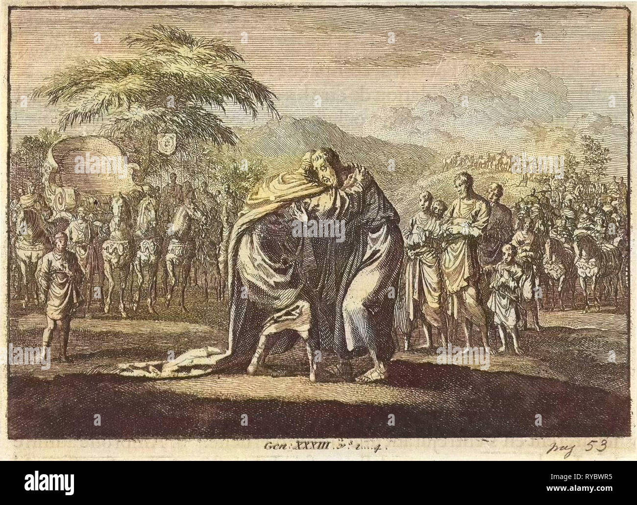 Reconciliation of Jacob and Esau, Jan Luyken, Pieter Mortier, 1703 - 1762 Stock Photo