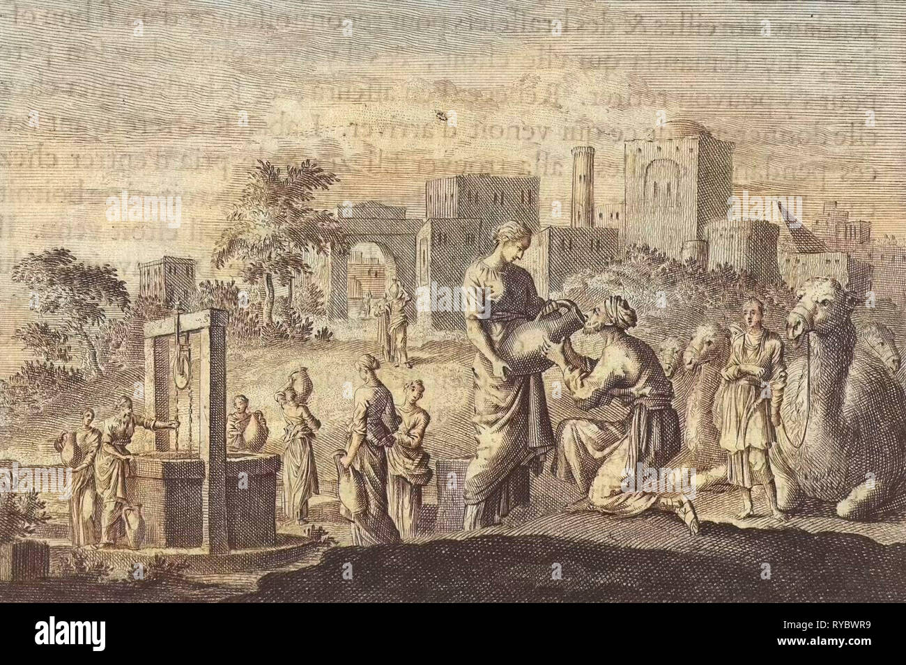 Rebecca and Eliezer at the Well, Jan Luyken, Pieter Mortier, 1703 - 1762 Stock Photo