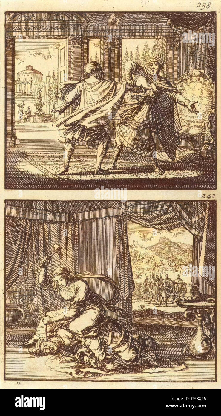 Eglon slain by Ehud, Jael killing Sisera, Jan Luyken, Barent Visscher