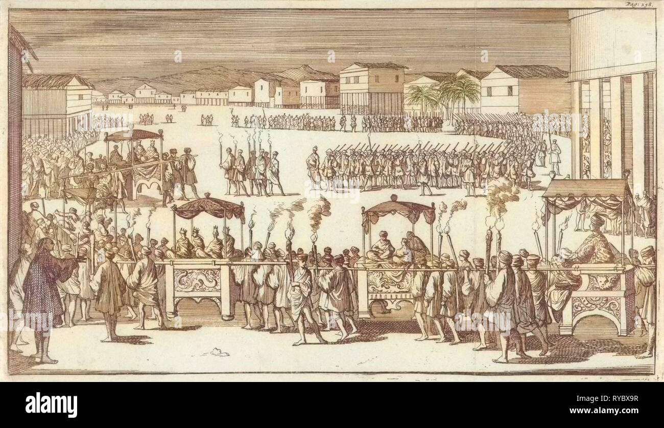 Grand parade to mark the arrival of Captain Charles Swan in Mindanao, Island in Philippines, print maker: Caspar Luyken, Abraham de Hondt, 1698 Stock Photo
