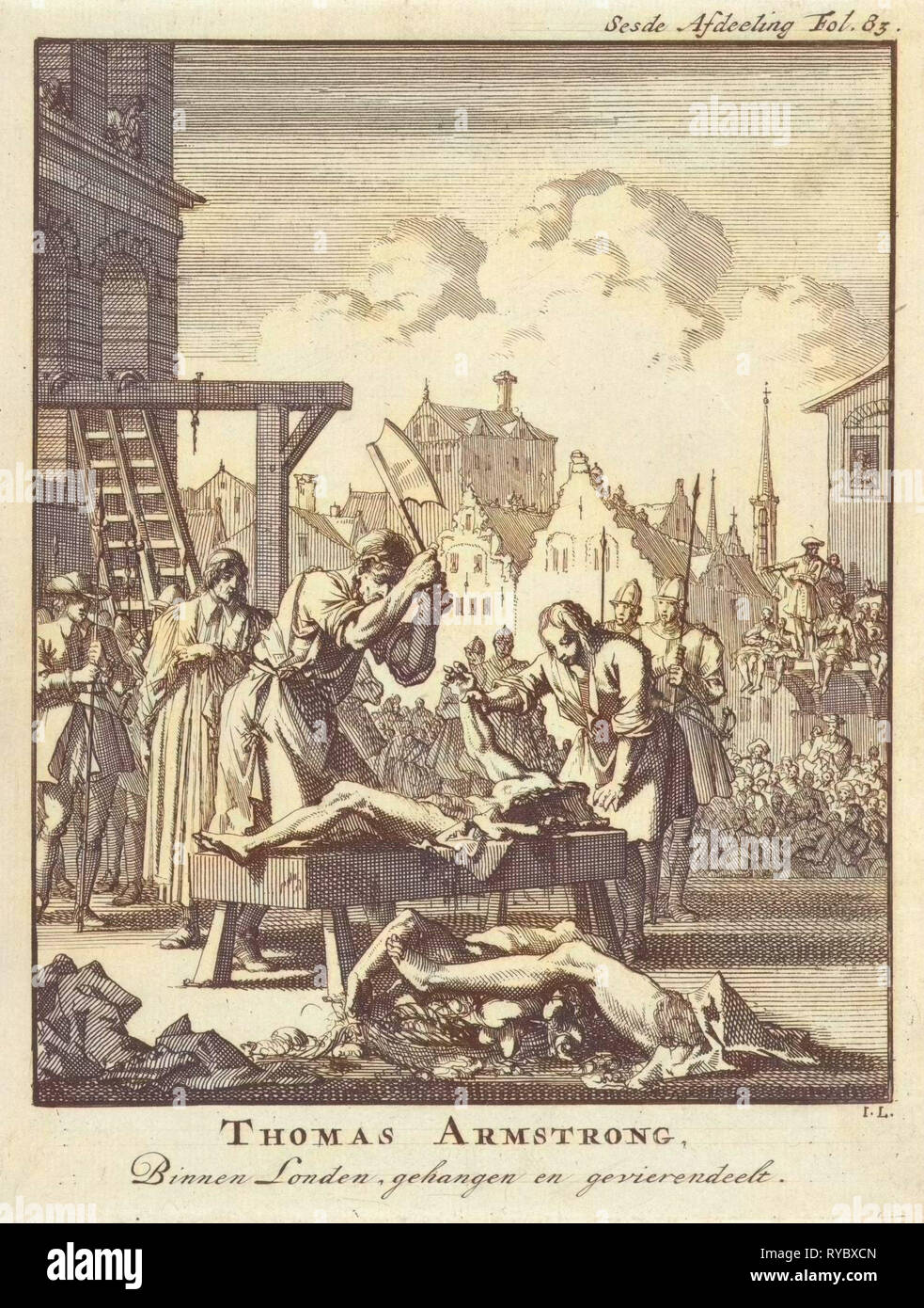 Thomas Armstrong hanged and quartered in London, 1684, Jan Luyken, Jan Claesz ten Hoorn, 1698 Stock Photo