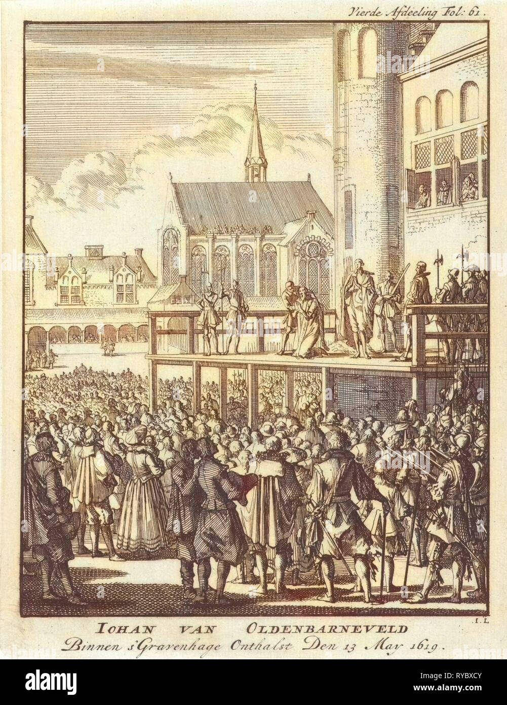 Johan van Barneveld kneels on the scaffold for his beheading, 1619, Jan Luyken, Jan Claesz ten Hoorn, 1698 Stock Photo