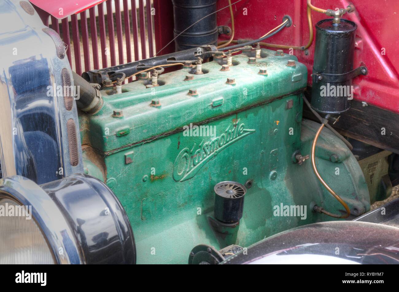 Engine of a 1927 Oldsmobile. Stock Photo