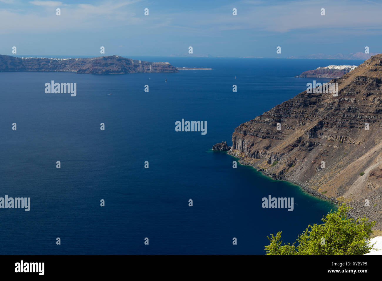 View of Therasia island from Tira Stock Photo