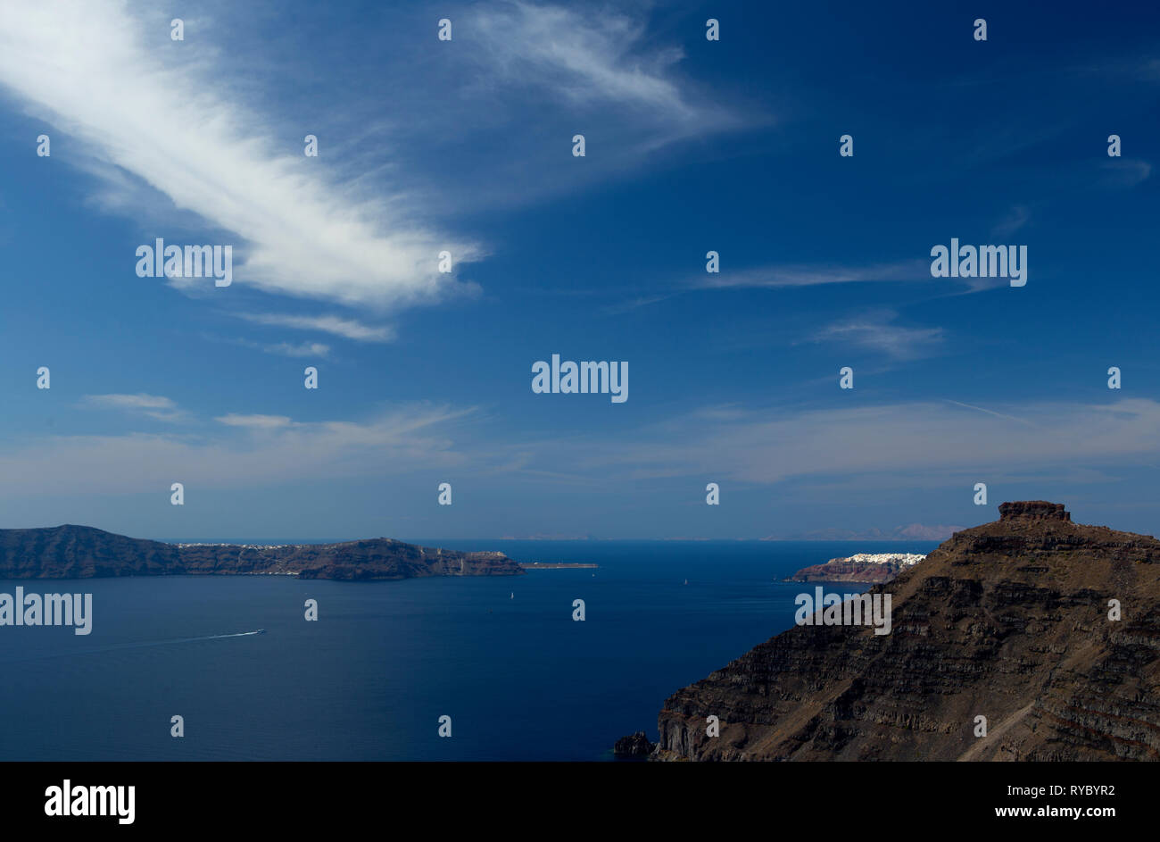 View of Therasia island from Tira Stock Photo
