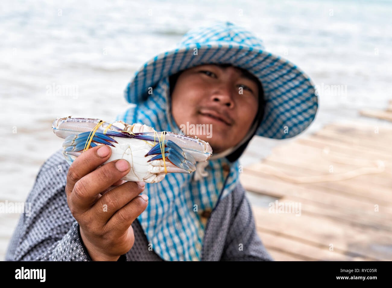 Blue legged crab held by a fisherman Stock Photo