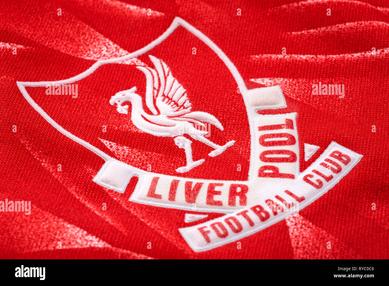 Bangkok, Thailand - January 17 2019: Close-up of Liverpool FC football home jersey circa 1989-1991 with  club's emblem Stock Photo