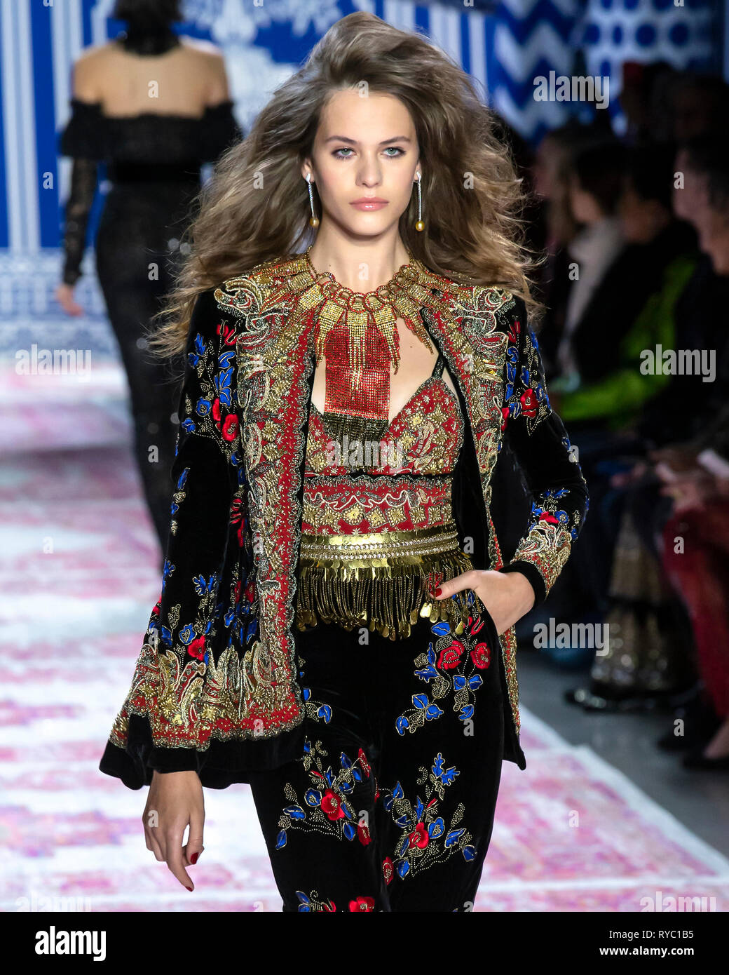 New York, New York - February 12 2019: Darya Kostenich walks the runway at Naeem Khan Fall Winter 2019 Fashion Show Stock Photo