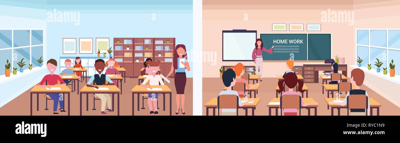 school lesson female teacher with pupils set front back view of classroom modern school interior education concept horizontal banner full length flat Stock Vector
