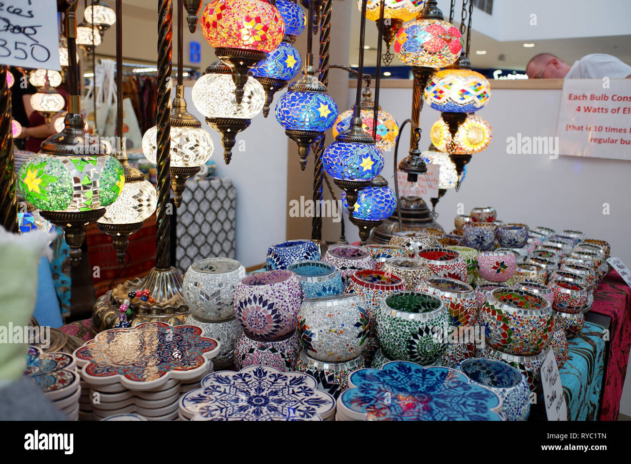 LEAD LIGHT LAMPS and COLOURFULL DISHES Stock Photo