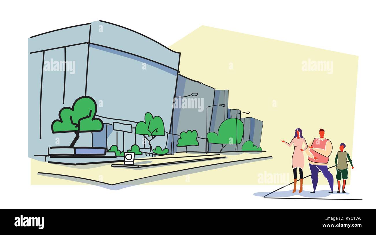 parents and son walking together outdoor modern city street office buildings view cityscape background sketch doodle male female characters full Stock Vector