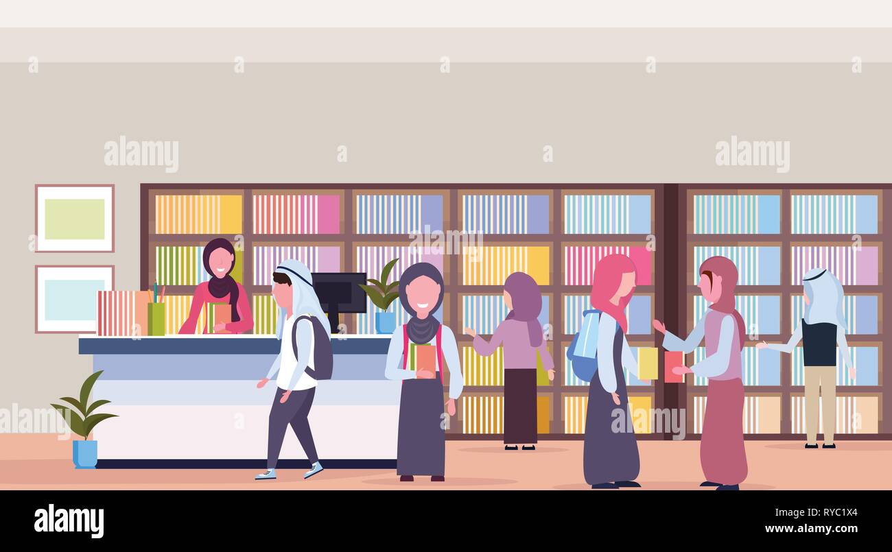arabic people borrowing books from librarian in modern library bookstore interior bookcase with books reading education knowledge concept flat Stock Vector