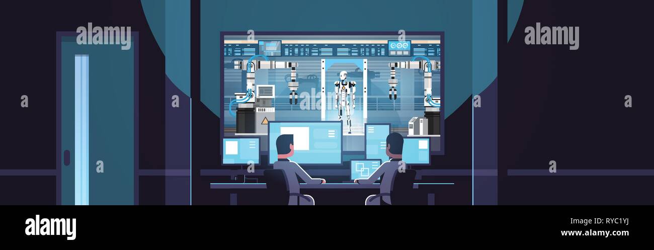 two engineers looking at monitors behind glass robot production modern factory robotic industry artificial intelligence dark office interior Stock Vector