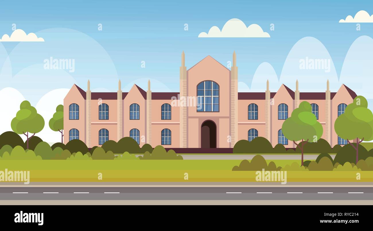 modern national university or college building exterior view empty front yard with green grass and trees landscape graduation education concept flat Stock Vector