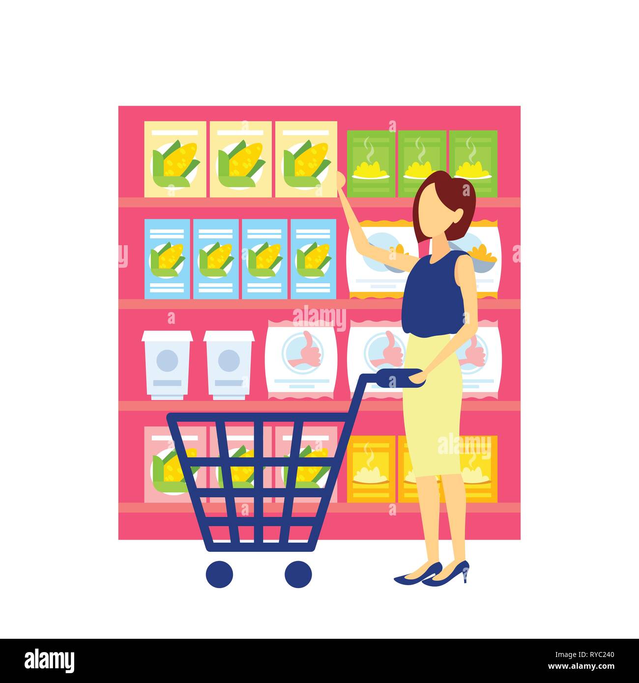 woman customer carrying trolley cart choosing food big grocery shop