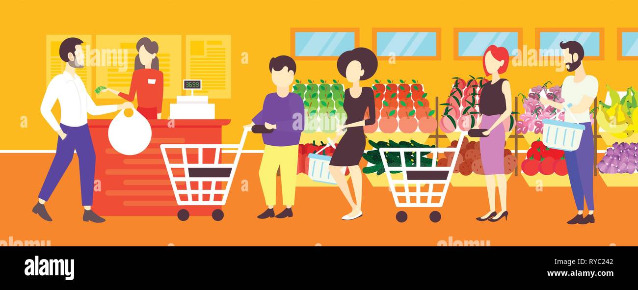 people customers with trolley carts standing line queue to cashier in retail store supermarket