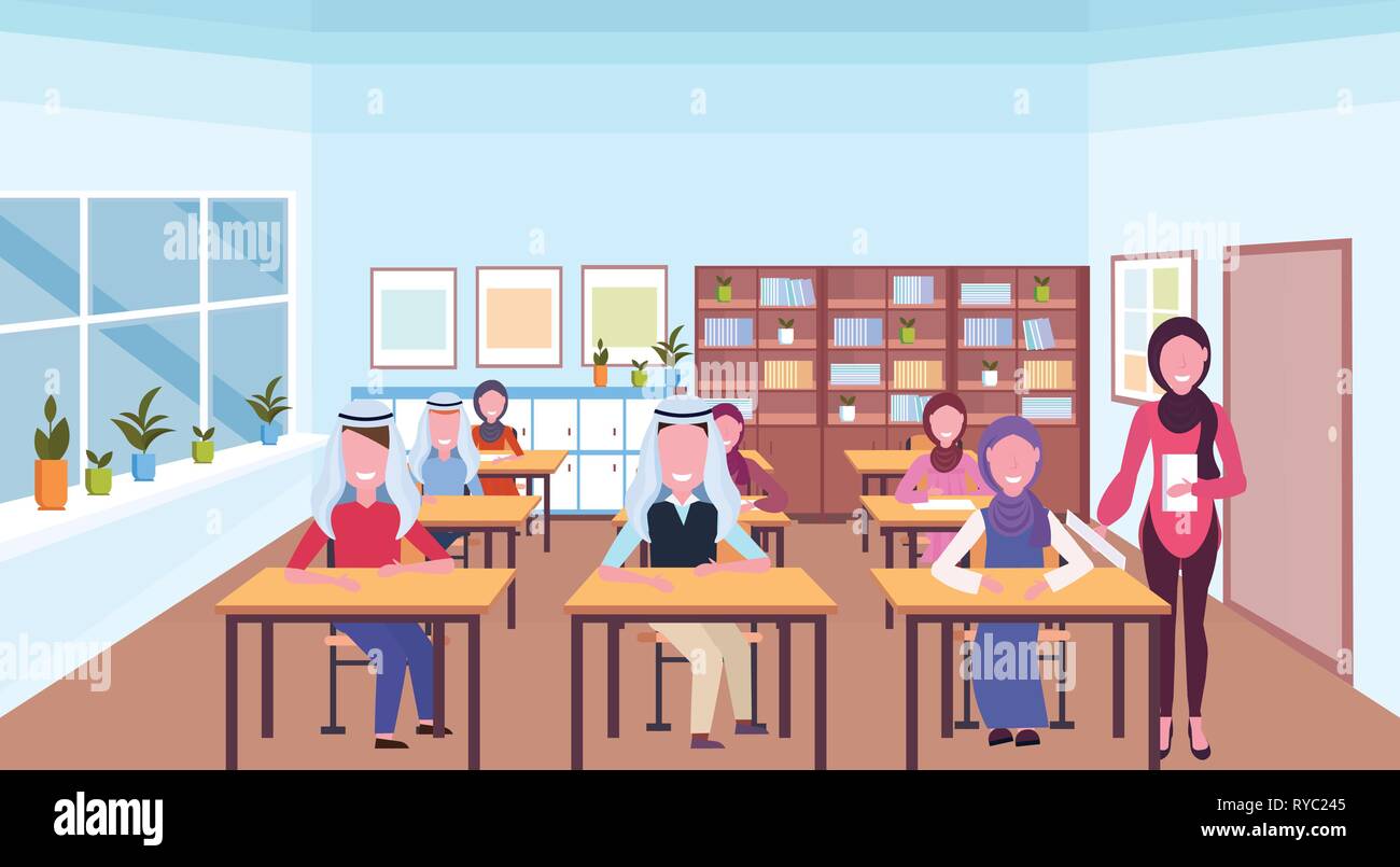 muslim teacher reading book during lesson arabic pupils in hijab sitting desks education concept modern school classroom interior horizontal full Stock Vector