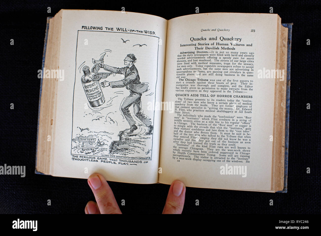 PAGES FROM ANTIQUE BOOK. QUACKS AND QUACKERY Stock Photo